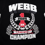 Black youth tee closeup of WEBB 2025 champion race graphic with checkered flags