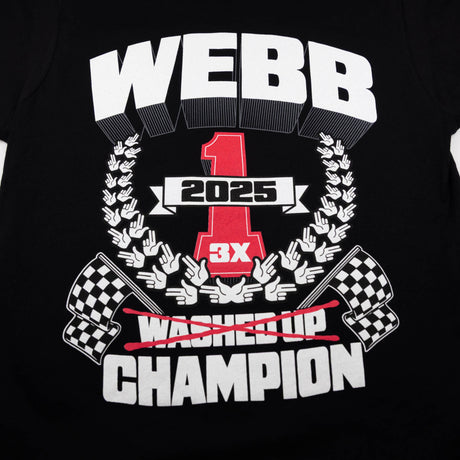 Black youth tee closeup of WEBB 2025 champion race graphic with checkered flags