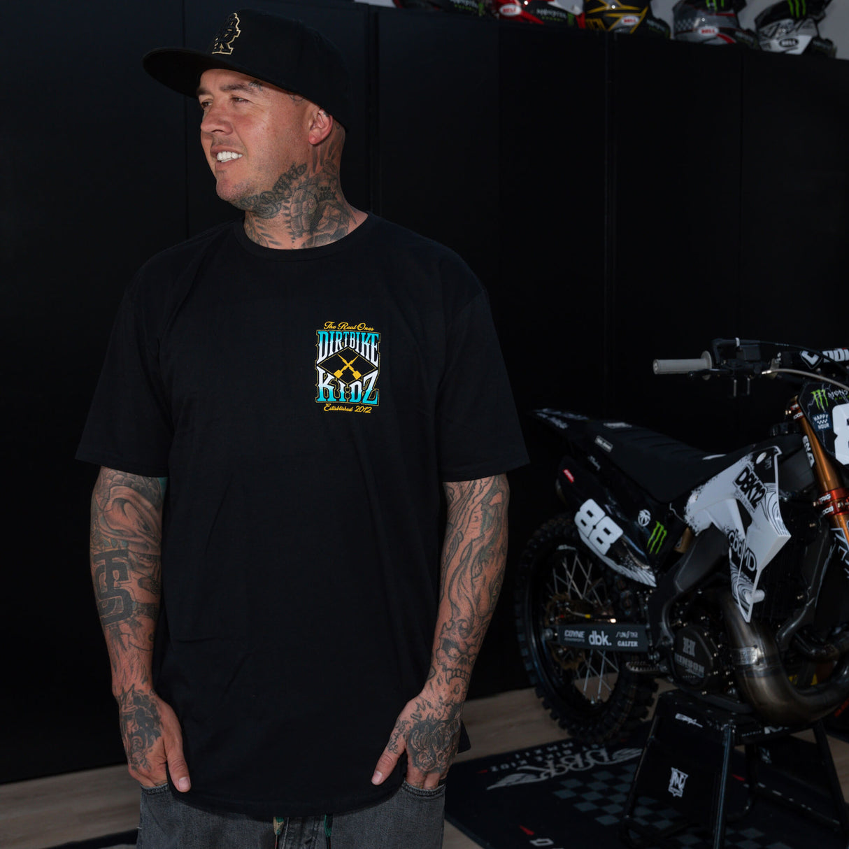 Black tee with small front 'Dirtbike Kidz' graphic
