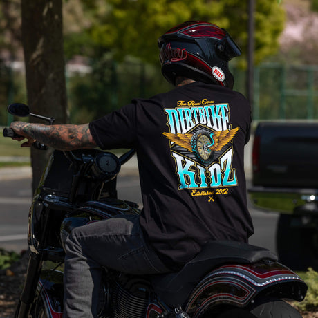Black tee with large back 'Dirtbike Kidz' graphic