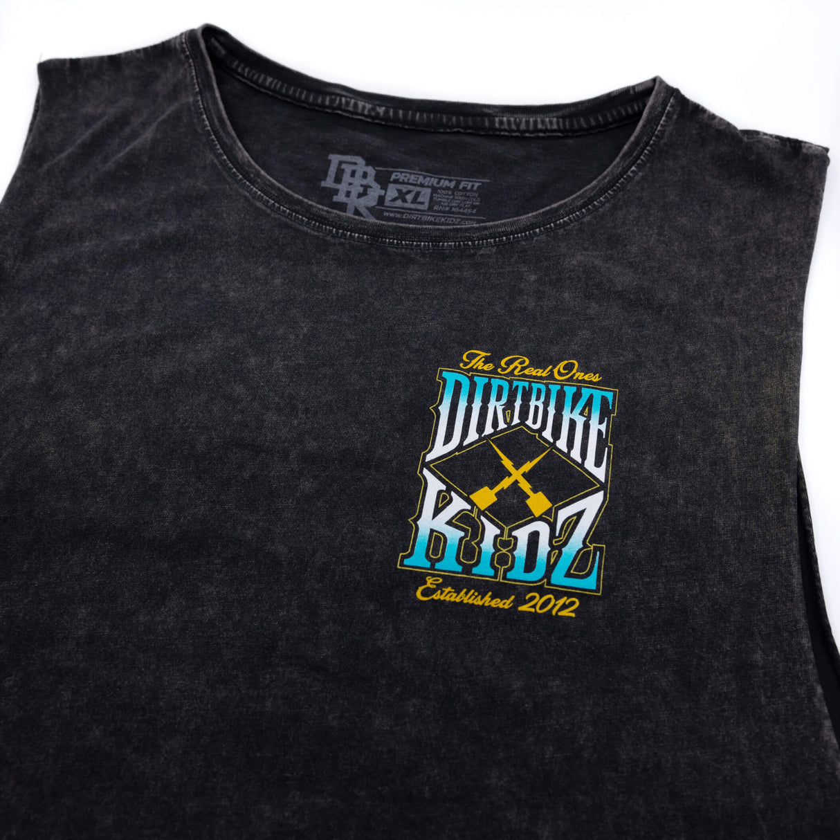Dark tank top with bold centered “Dirtbike” rider graphic print
