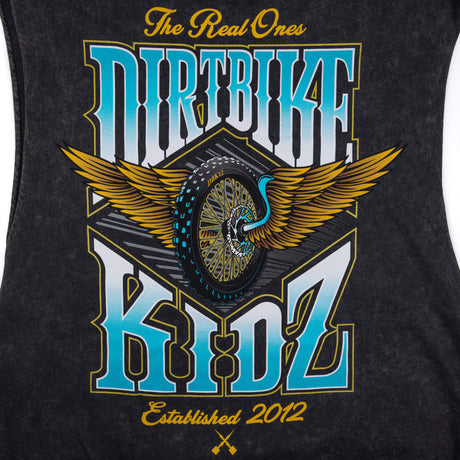 Dark tank top with close-up “Dirtbike” winged rider graphic