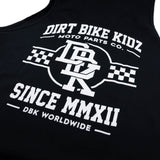 Black youth tank top front graphic with 'DIRT BIKE KIDZ' text and checkered bars.