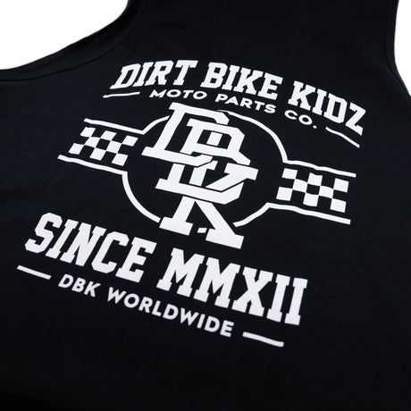 Black youth tank top front graphic with 'DIRT BIKE KIDZ' text and checkered bars.