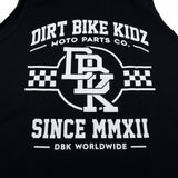 Black youth tank top close-up of 'DIRT BIKE KIDZ' and 'SINCE MMXII' racing print.