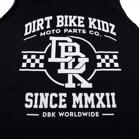 Black youth tank top close-up of 'DIRT BIKE KIDZ' and 'SINCE MMXII' racing print.