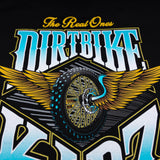 Graphic tee close-up: 'Dirtbike Kidz' logo with winged wheel