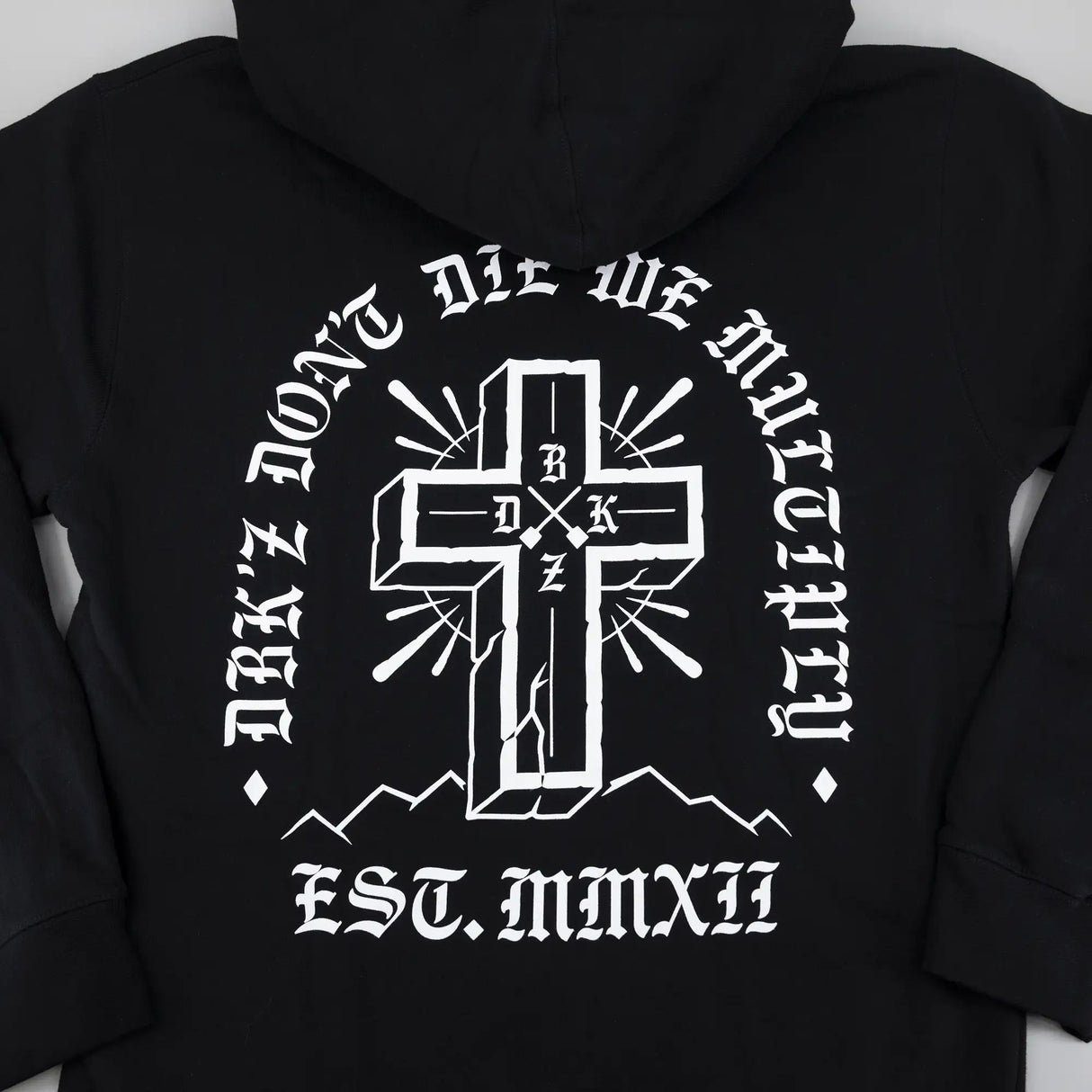 Black zip hoodie with front cross emblem and circular white lettering on chest.