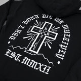 Black zip hoodie with large back cross emblem graphic in white and gray tones.