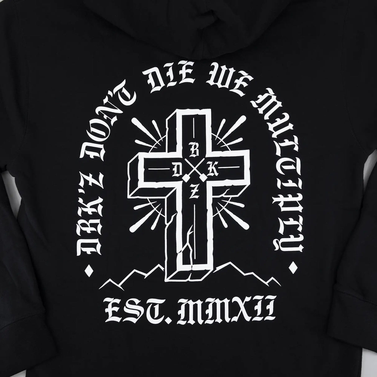 Black zip hoodie with large back cross emblem graphic and arched white lettering.