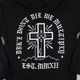 Black zip hoodie with large back cross emblem graphic and arched white lettering.