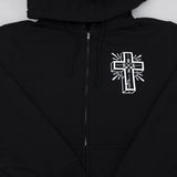 Black zip hoodie front with hood drawstrings, zipper, and small white cross emblem.