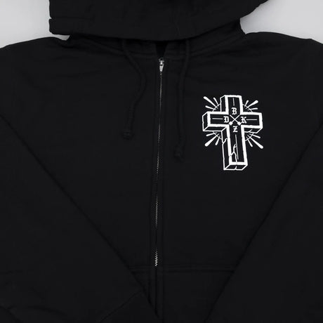 Black zip-up hoodie front view with small white cross logo on chest.