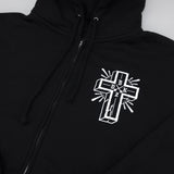 Black zip hoodie with hood and zipper, front cross emblem logo print in white.
