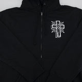 Black zip hoodie with hood drawstrings and centered cross emblem on front chest.
