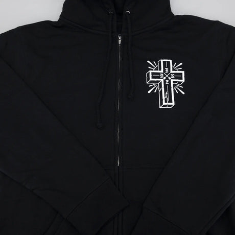 Black zip-up hoodie with hood drawstrings and small white cross logo.
