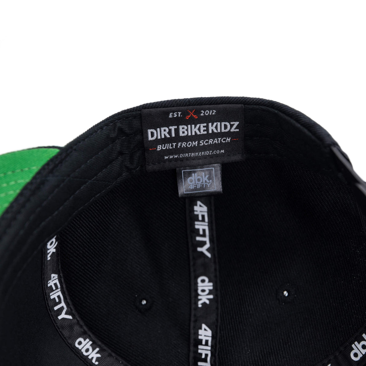 Black snapback cap inner band with label and stitched 4FIFTY strap