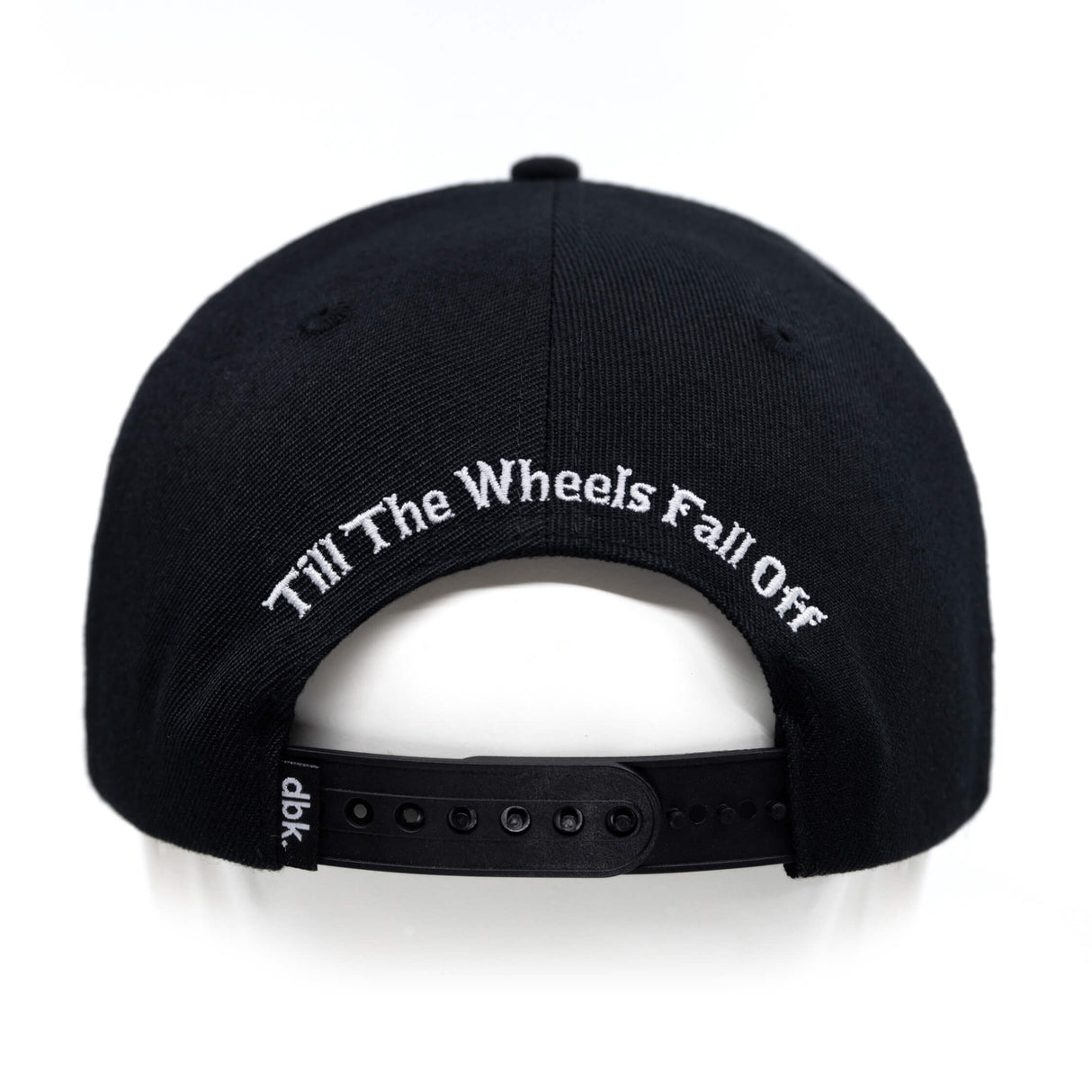 Black snapback cap back view with white text on the inner brim and strap holes.