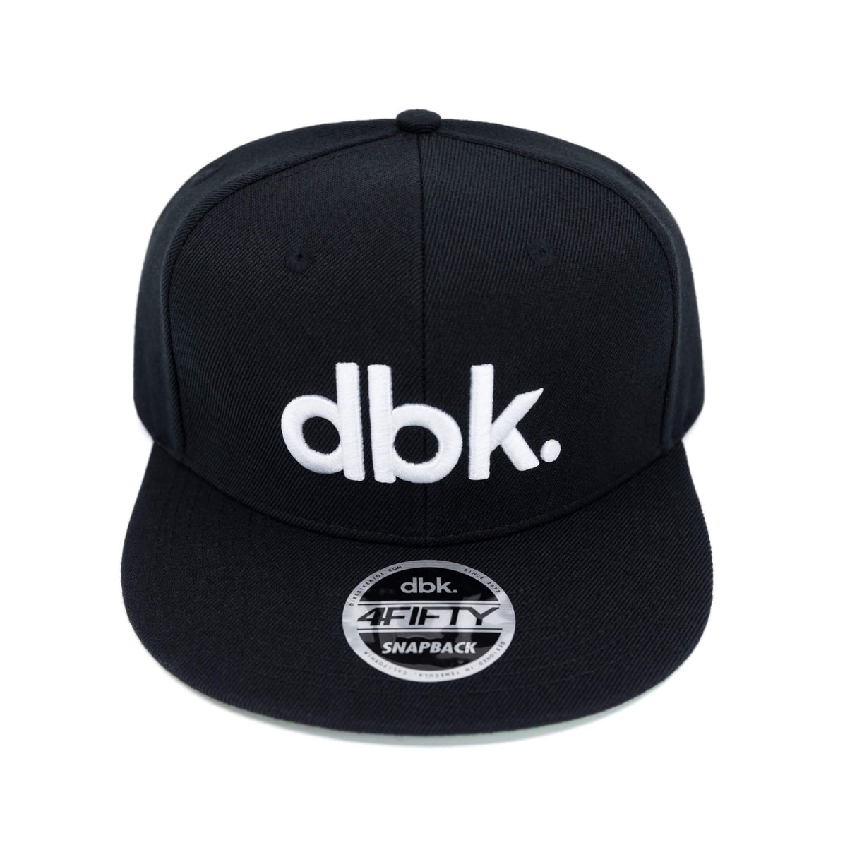 Black snapback cap with white dbk logo and circular 4FIFTY Snapback emblem