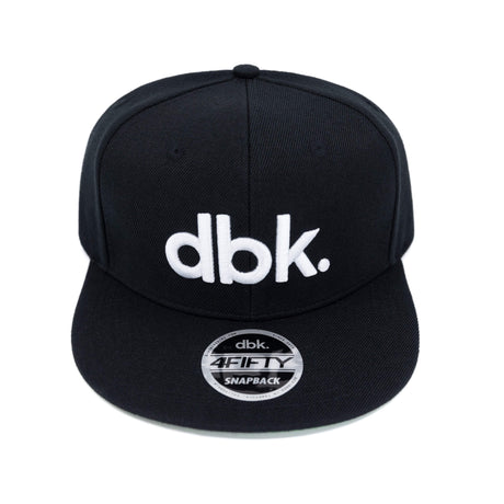 Black snapback cap with white dbk logo and circular 4FIFTY Snapback emblem