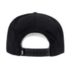 Black snapback cap back view showing adjustable strap with multiple holes