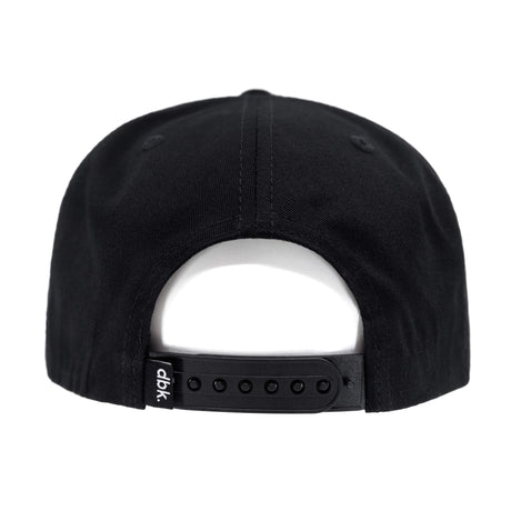 Black snapback cap back view showing adjustable strap with multiple holes