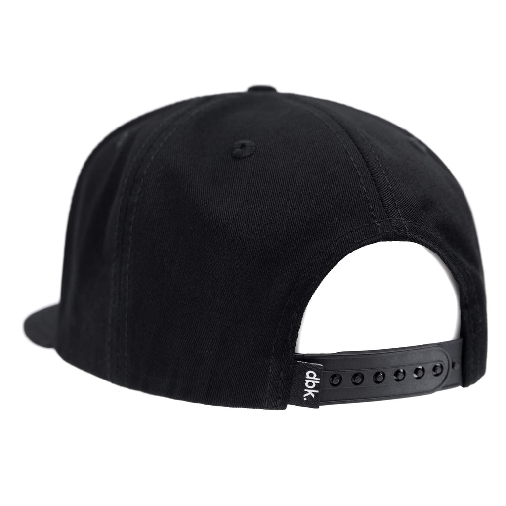 Black snapback hat with adjustable side buckle strap and curved brim.