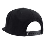 Black snapback hat with adjustable side buckle strap and curved brim.