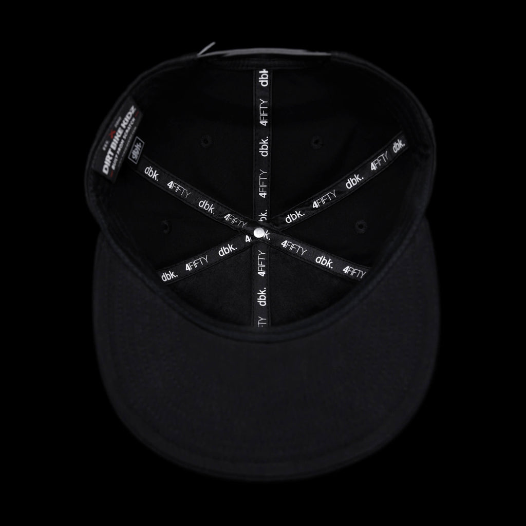 Black snapback hat interior with repeating dbk 4Fifty brand webbing.