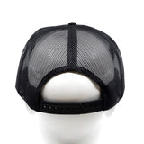 Black mesh trucker hat back with snapback strap, curved brim, front logo not visible