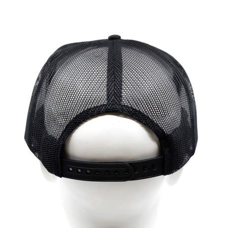 Black mesh trucker hat back with snapback strap, curved brim, front logo not visible