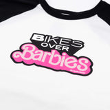 Raglan T-shirt with black neckline and Bikes Over Barbies chest graphic