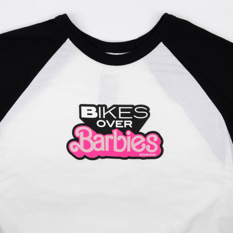 Womens raglan T-shirt with Bikes Over Barbies logo and white front, black sleeves
