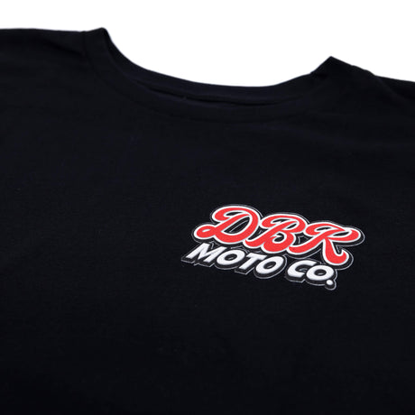 Black tee close-up of DBR Moto Co chest logo