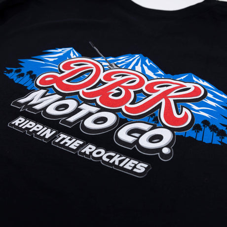 Black tee close-up: DBR Moto Co Ripppin the Rockies graphic
