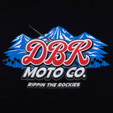Black tee close-up of DBR Moto Co logo and Ripppin the Rockies text