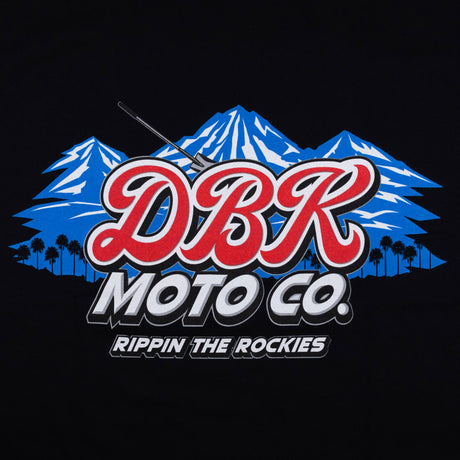 Black tee close-up of DBR Moto Co logo and Ripppin the Rockies text