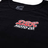 Black tank top neckline with DBR Moto Co logo patch on chest.