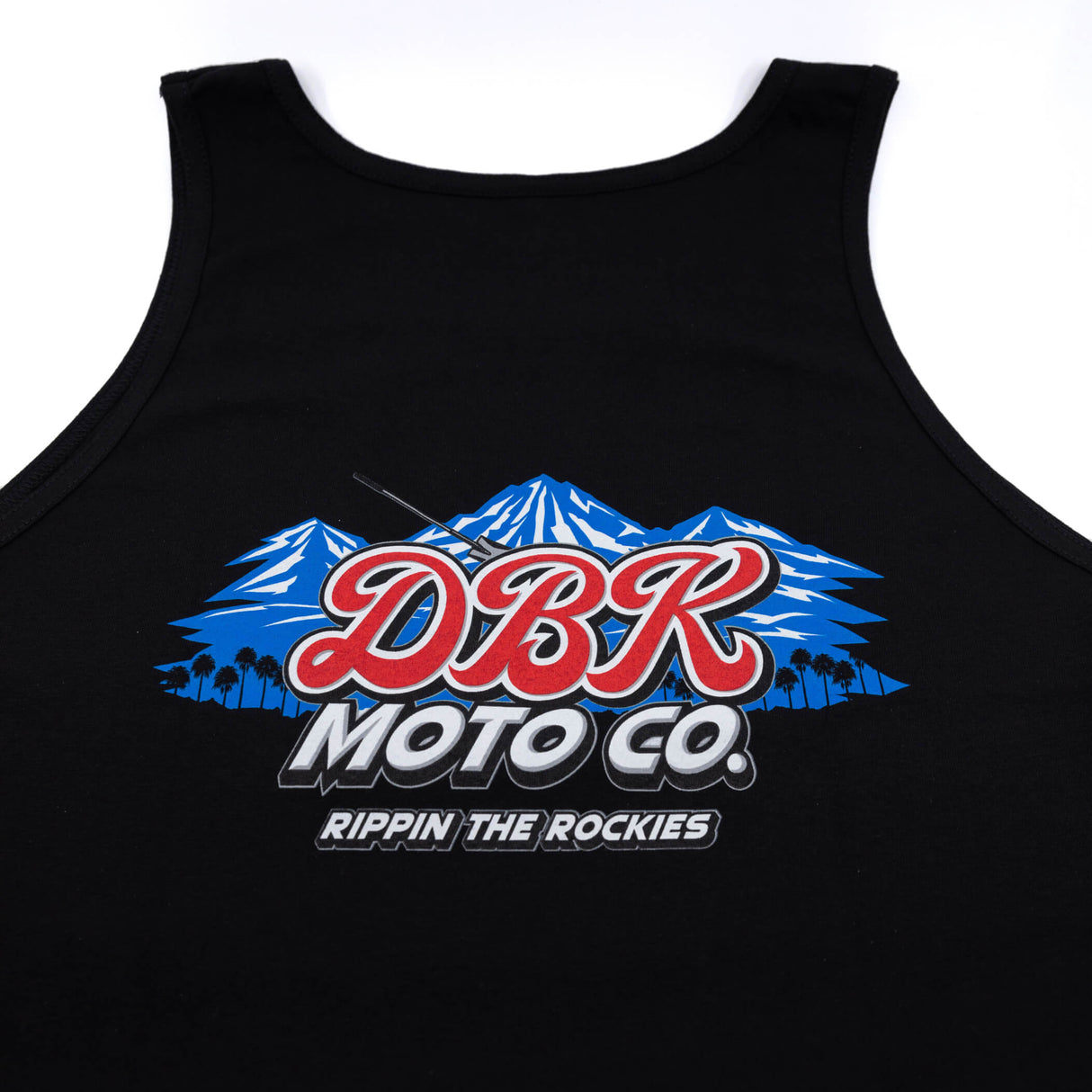 Black tank top back graphic featuring DBR Moto Co logo and “Rippin the Rockies”.