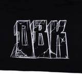 Black T-shirt close-up of large white back graphic lettering