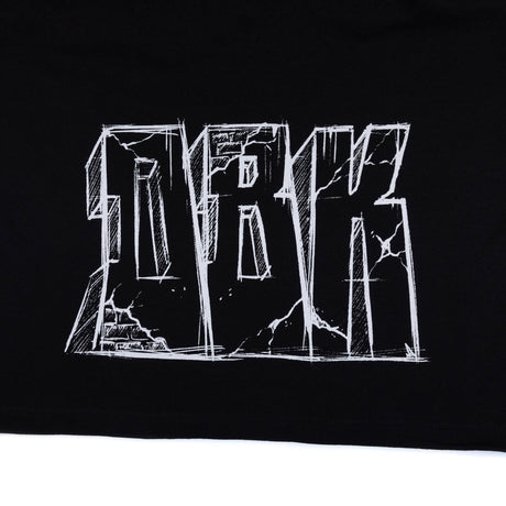 Black T-shirt close-up of large white back graphic lettering
