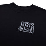 Black graphic T-shirt with back rider and colorful city street illustration, crew neck
