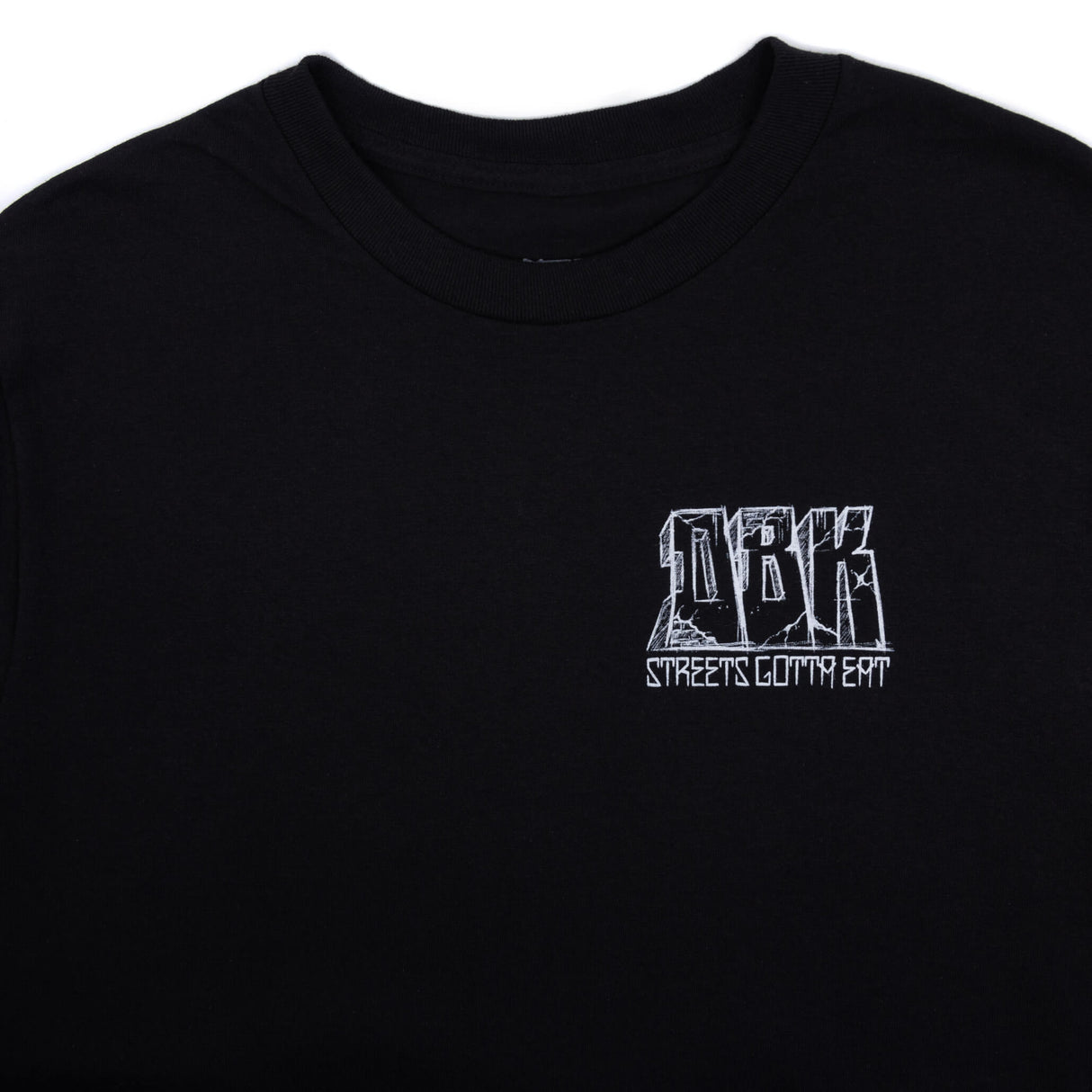 Black T-shirt with back road artwork featuring rider and large white text graphic