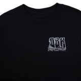 Black T-shirt with back road artwork featuring rider and large white text graphic