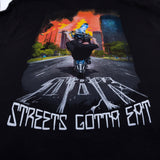 Black T-shirt close-up of back rider road artwork with white stylized lettering