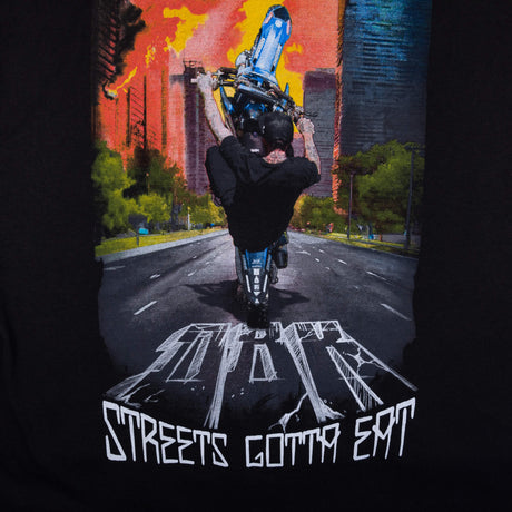 Schwarzes T-Shirt Rückansicht: Motorradfahrer-Grafik mit auffälligen Orange-Blau Farben