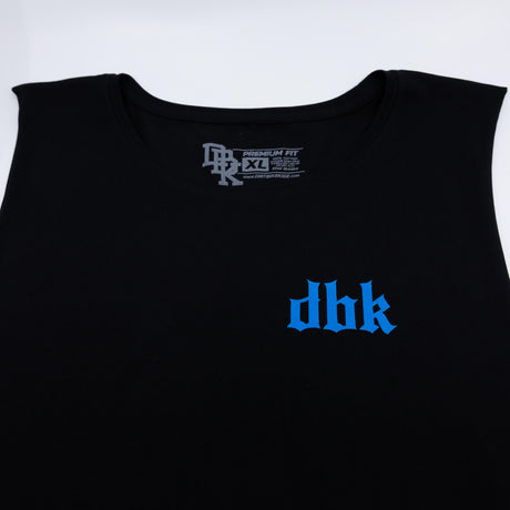 Black tank top with blue dbk logo across the chest