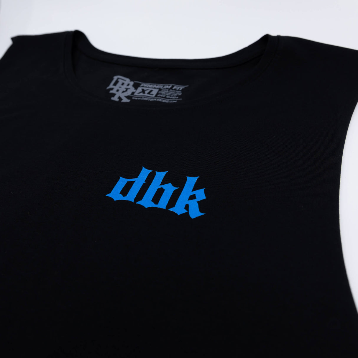 Black tank top with blue dbk graphic logo centered on the chest