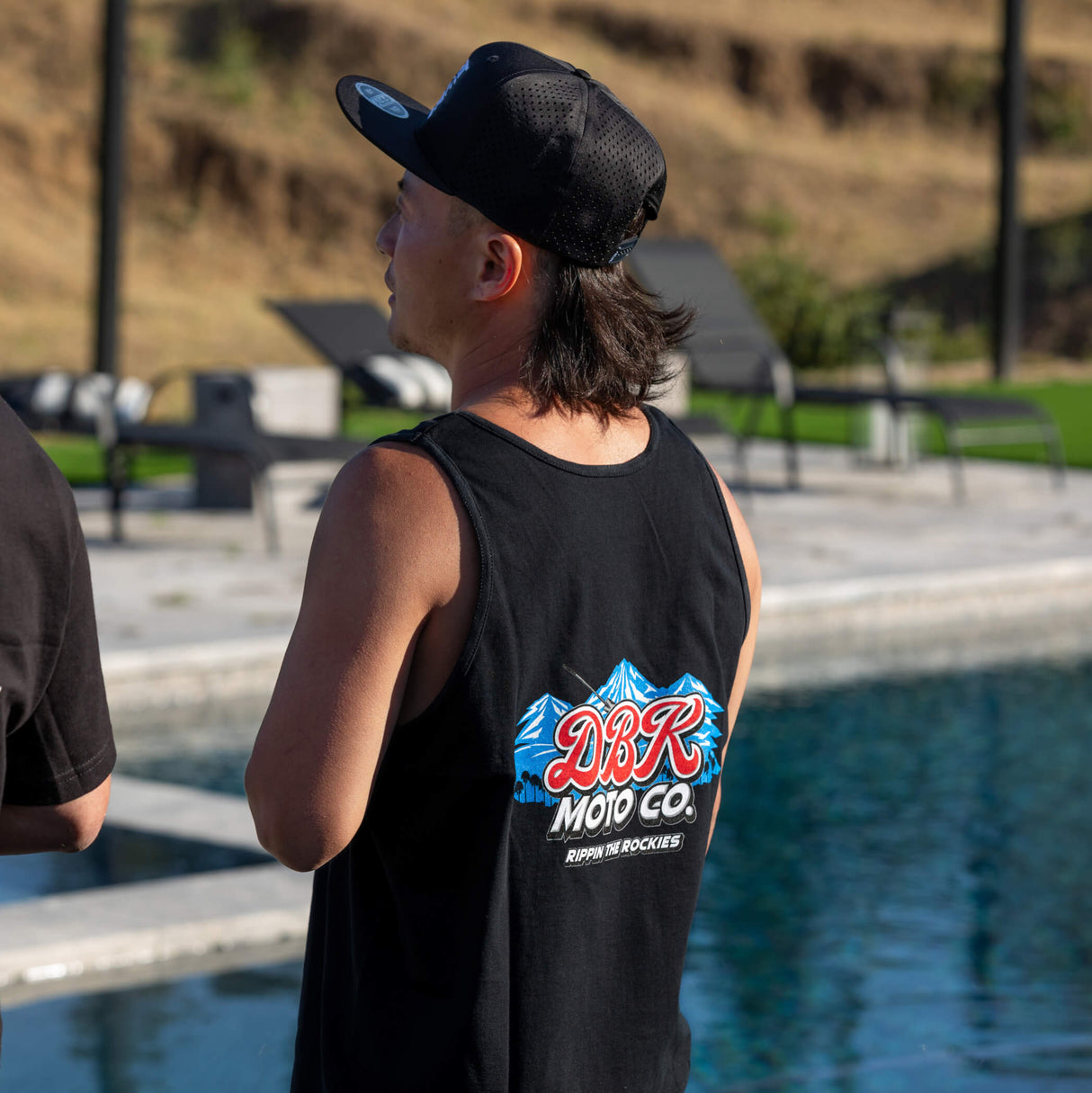 Black tank top worn, with DBR Moto Co logo and “Rippin the Rockies” on back.