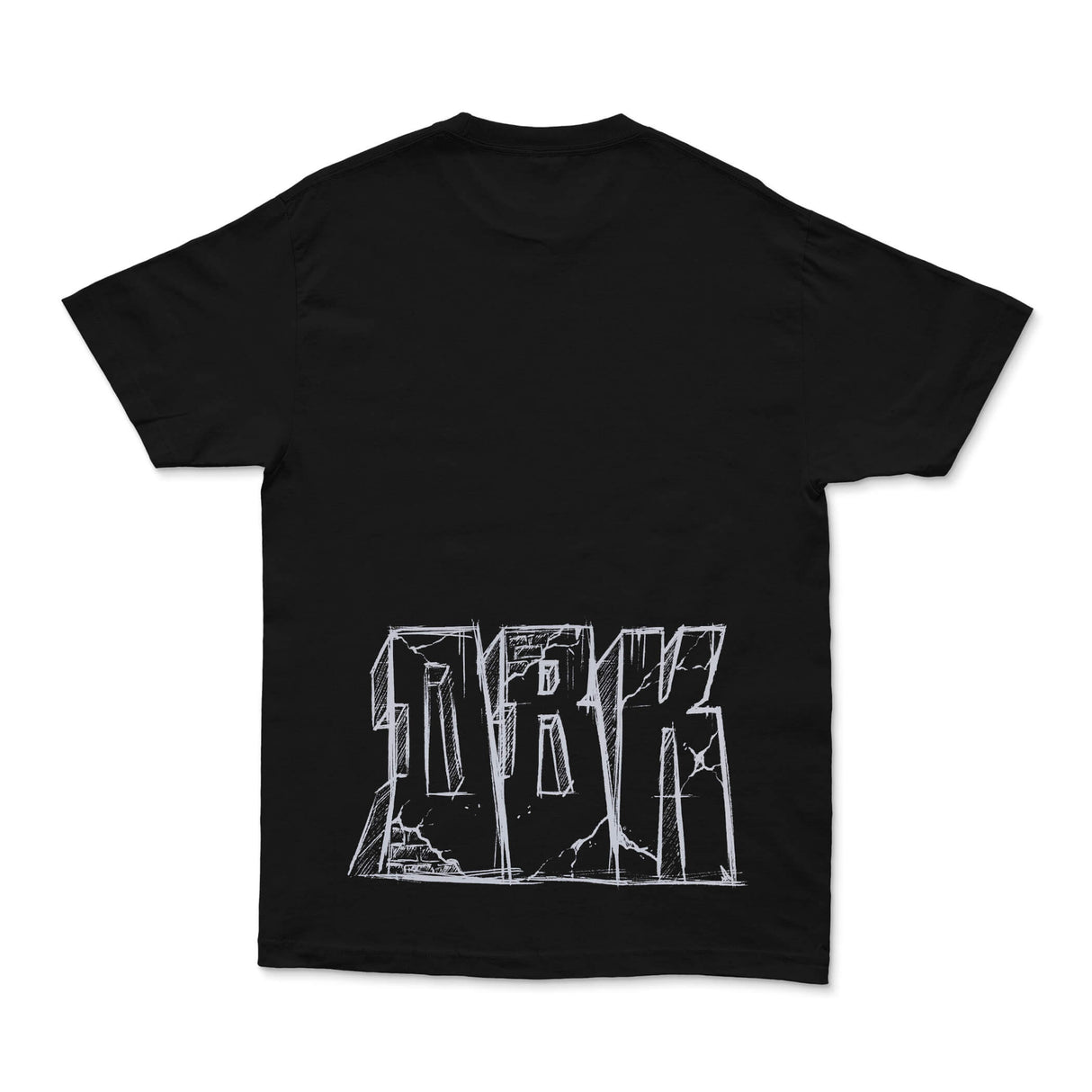 Black T-shirt with large white graphic print on the back